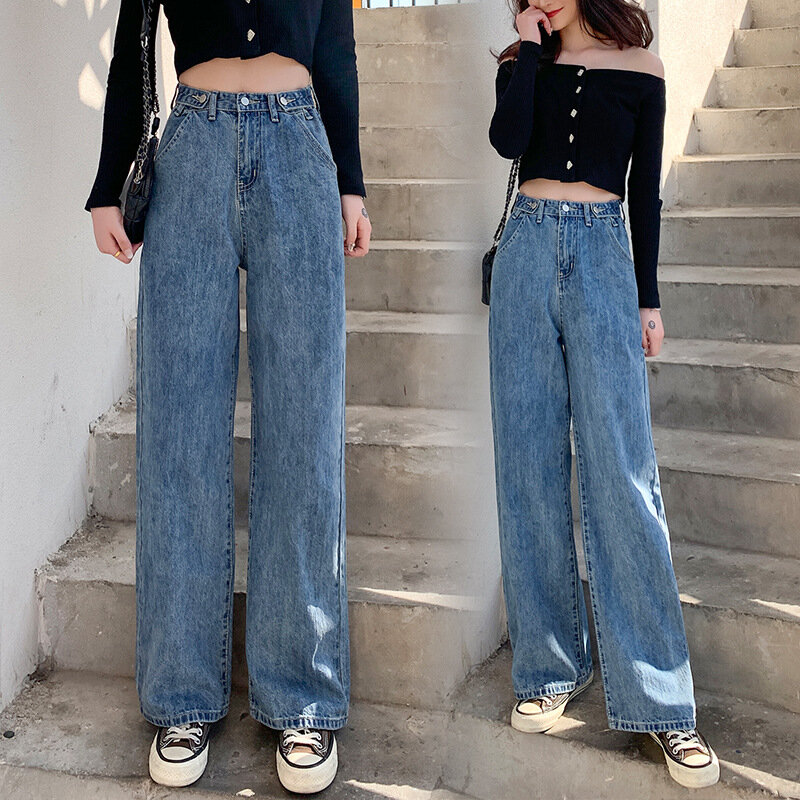 Jeans Wanita Celana Pinggang Tinggi Jalan Celana Katun Warna Terang Jeans Longgar Mode Korea Jeans Logam Gesper Kaki Lebar Y2k Jeans Wanita