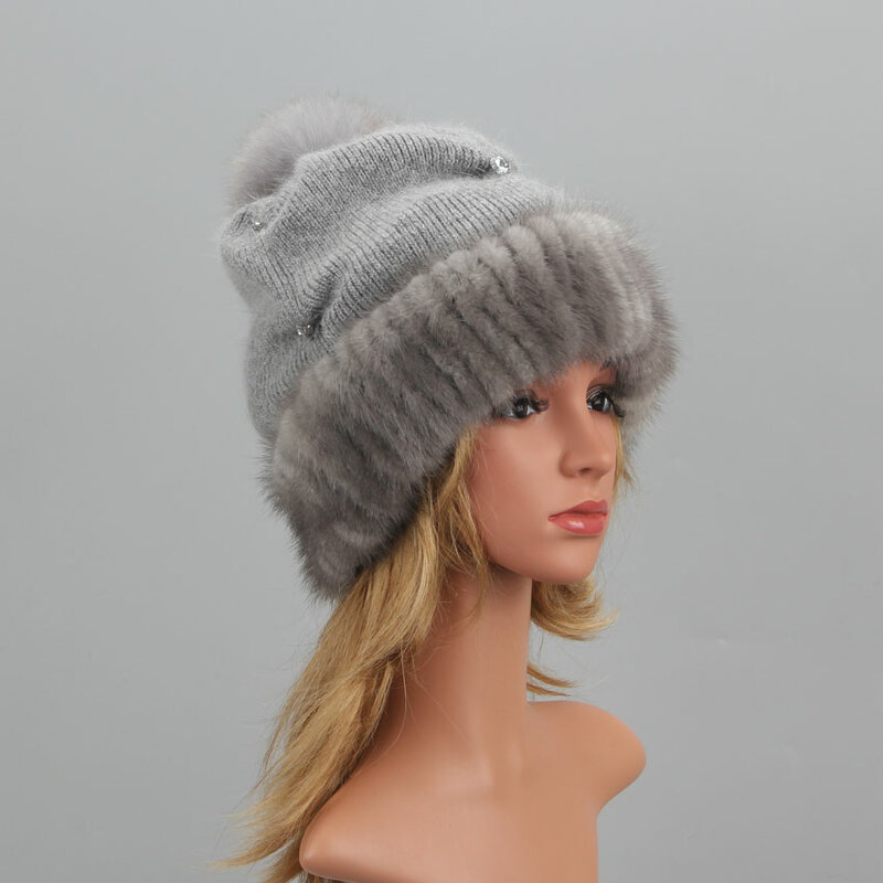 Topi Beanie Bulu Cerpelai Asli untuk Wanita Rajutan Modis Topi Wanita Musim Dingin Topi Bulu Cerpelai Alami Hangat Topi Bulu Wanita Mewah Elastis