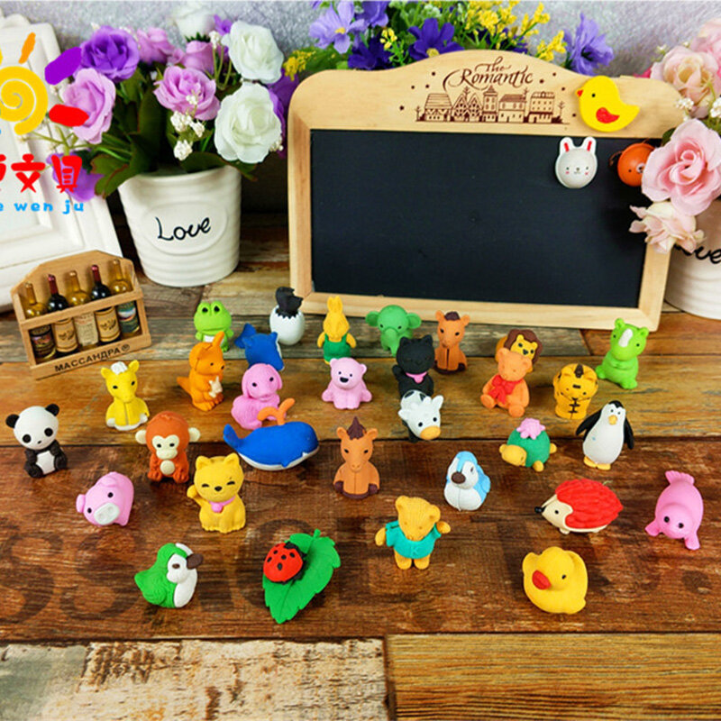 30/Pcs Creative Cute Animal Eraser Individual Package Detachable Eraser Student Prize Stationery Wholesale