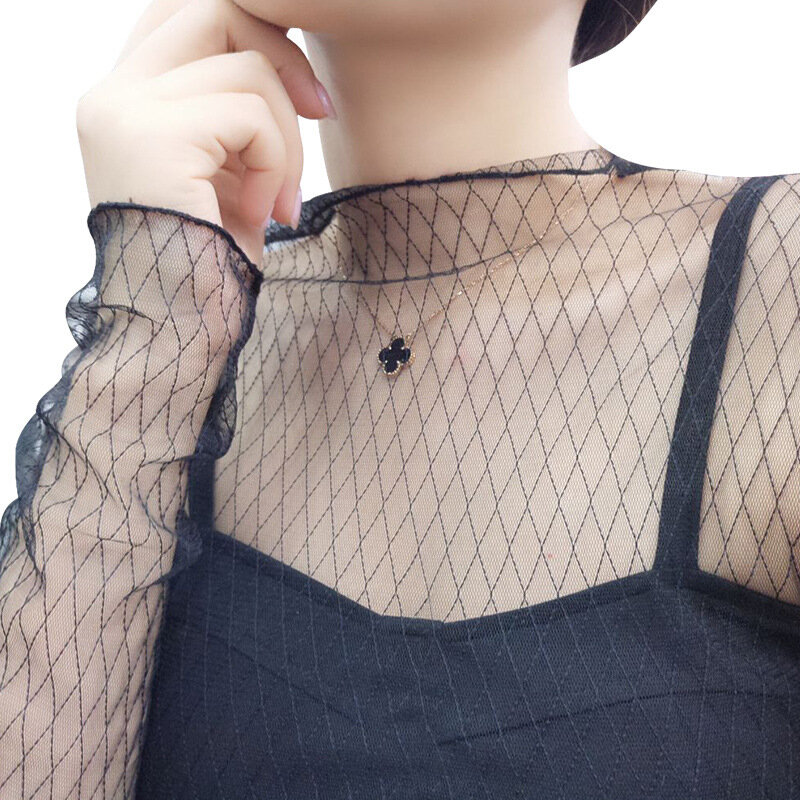 Blus atasan transparan jala seksi pakaian atasan tanpa lapisan atas garmen lengan panjang jaket Mode Korea ds50