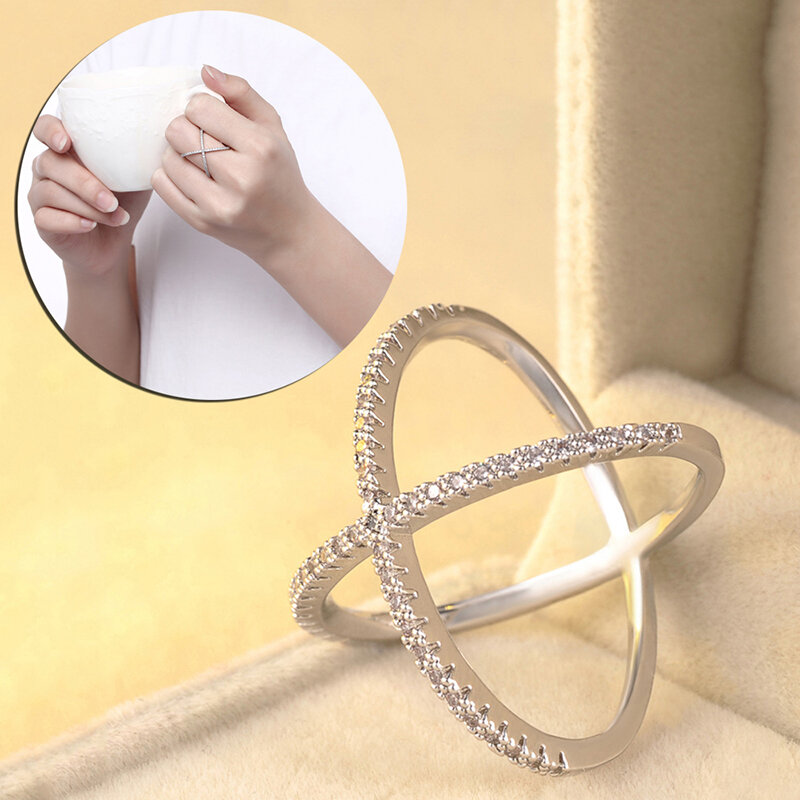 Srebrny pierścionek moda cyrkon Rhinestone Inlayed randki biżuteria ślubna na prezent kobiety w stylu Vintage krzyż X kształt kryształowe pierścionki