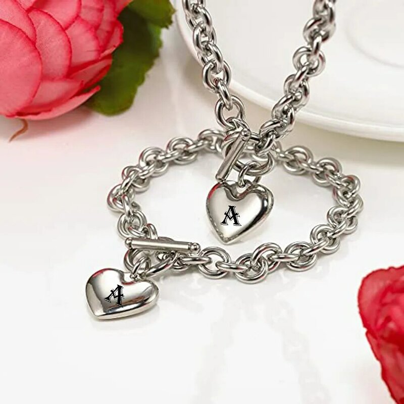 Conjunto de joias feminina, pingente de coração, colar e pulseira, de aço inoxidável, branca