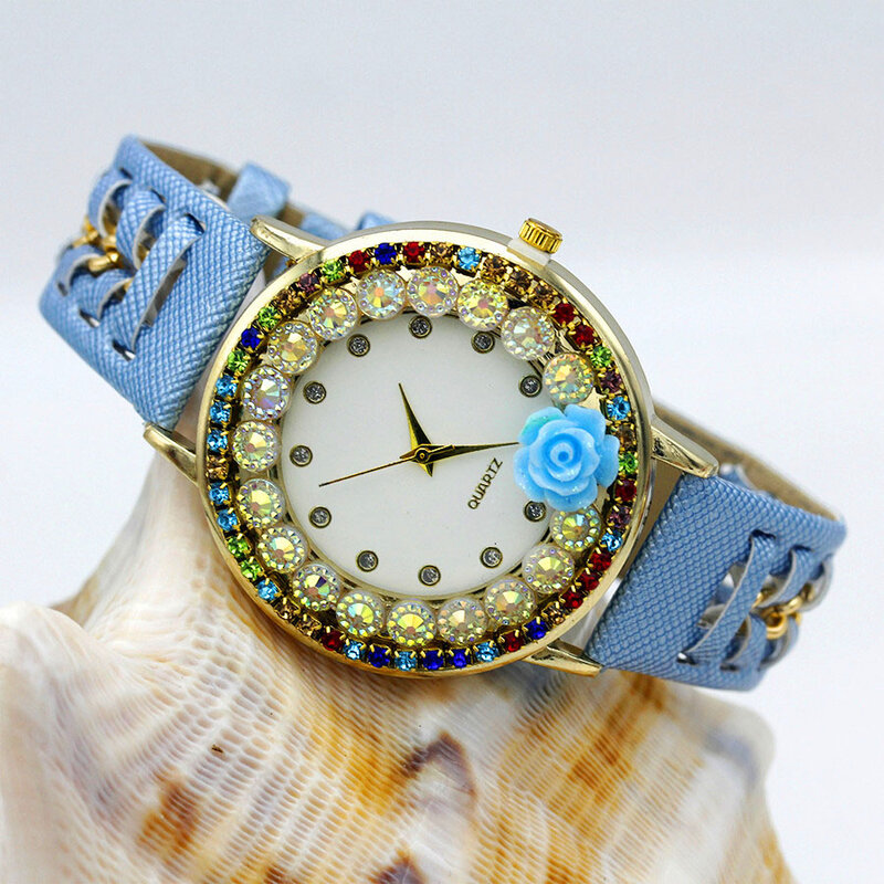女性のための手作りの花の腕時計,光沢のあるラインストーン,レザーストラップ,女の子のための新しいコレクション,ピンク