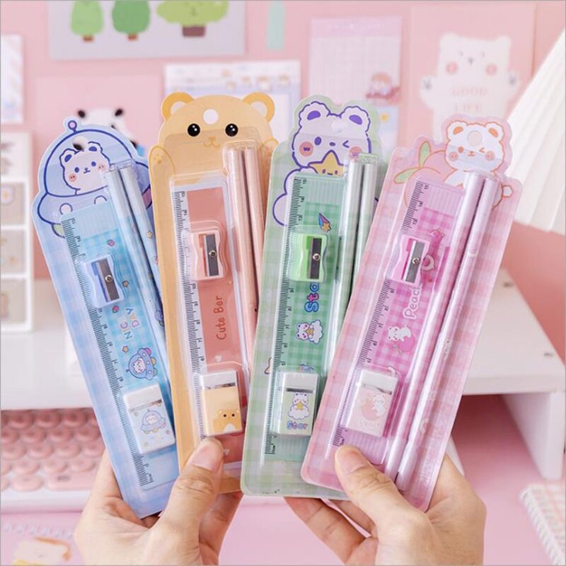 2024 New Set of 5Pcs Durable Drawing Writing Pencils Eraser Pencil Sharpener Ruler Set Party Favors Supplies for Home School