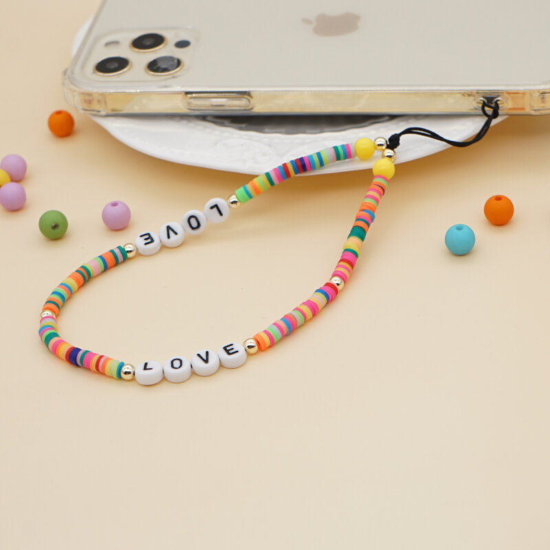 Go2Boho – chaîne de téléphone portable avec perles, lanière de téléphone portable, nouveaux bijoux avec lettres d'amour, chaînes de saint-valentin, support de cordon de téléphone en argile