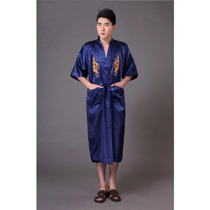 Wysoka jakość nowy NavyblueChinese tradycyjne męska szata haft smok Satin bielizna nocna rocznika Kimono Yukata szlafrok 011031