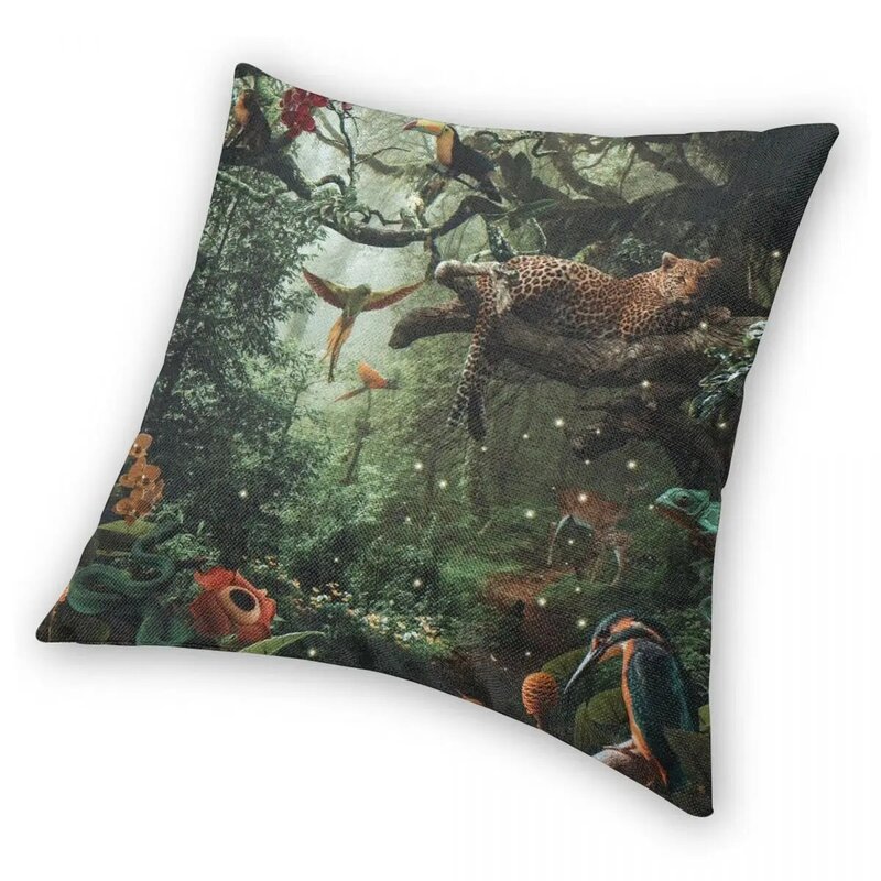 Funda de almohada cuadrada con estampado de leopardo en el bosque lluvioso, cubierta de poliéster, lino, terciopelo, decoración creativa con cremallera, para sofá