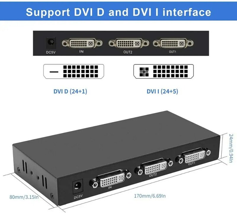 Divisor DVI 1x2 DVI 1 in 2 Out 2Port DVI, duplicador de distribución, compatible con 4K @ 30Hz, copia automática EDID