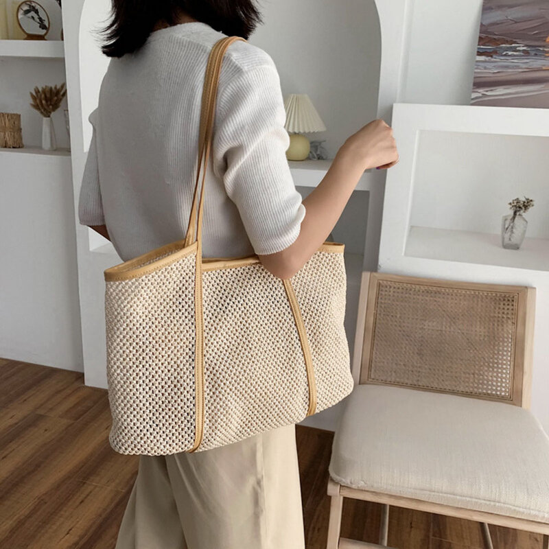 Вместительные соломенные сумки с вырезами для женщин, модная плетеная дамская сумочка из ротанга, повседневный тоут на ремне, летняя сумка
