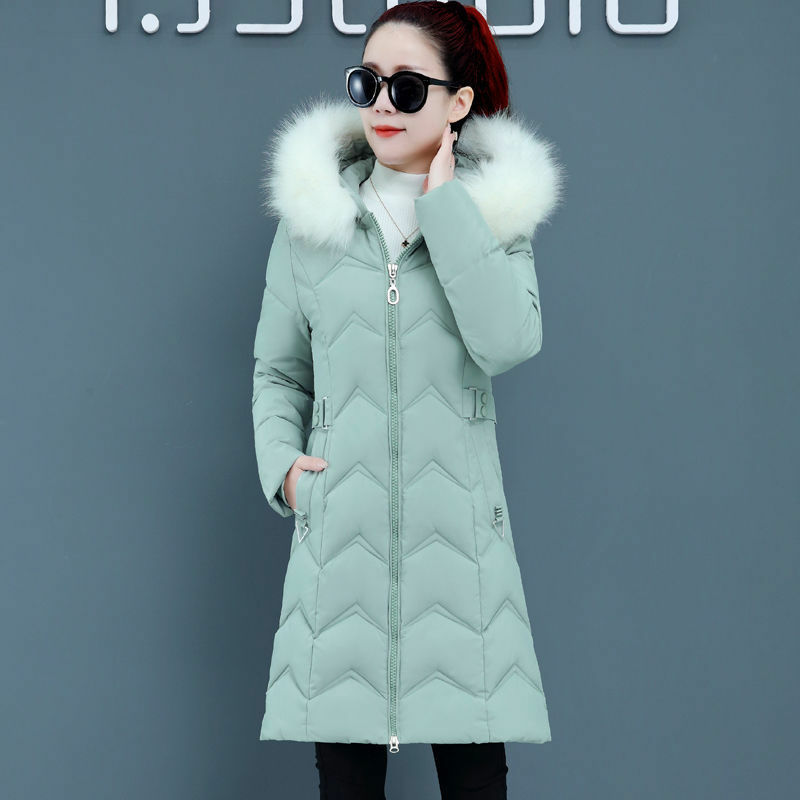 Chaqueta acolchada de algodón para mujer, abrigo de longitud media con cuello de piel grande, chaqueta acolchada delgada para invierno, novedad de 2024