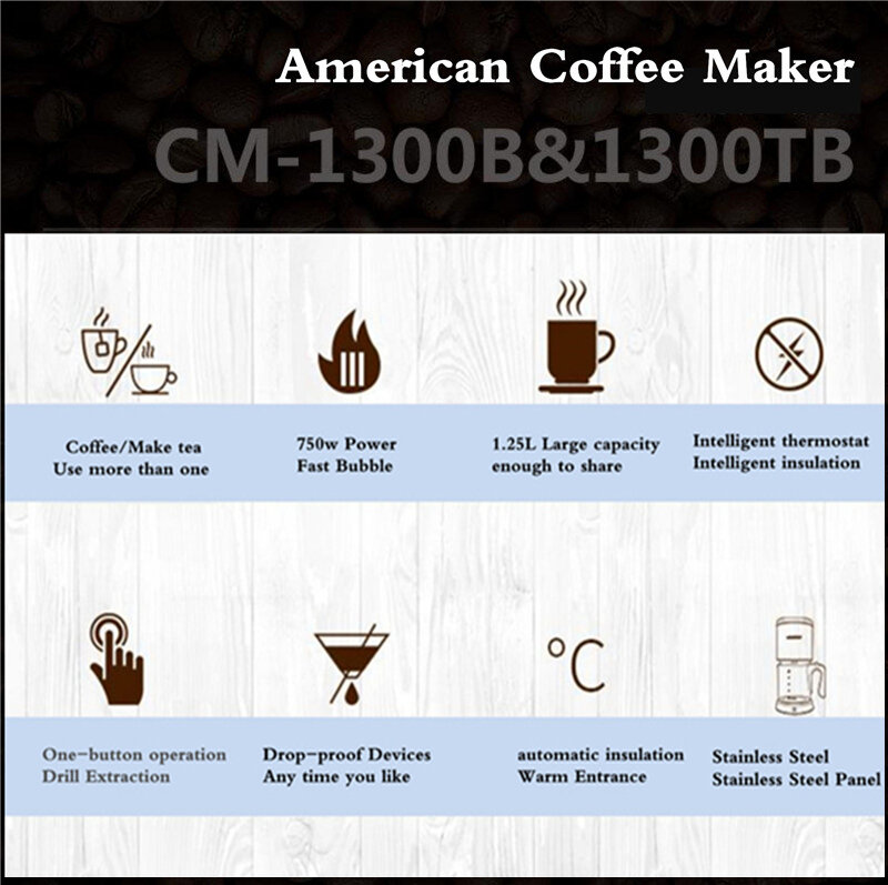 Pote de café americano de aço inoxidável, novo material de moagem automático de aço inoxidável, máquina de café americano, tipo de gotejamento multifuncional, 1.25l