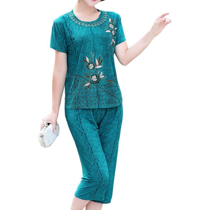 Letnie spodnie damskie komplet komplet piżamy O dekolt kwiatowy nadruk z krótkim rękawem T-shirt spodnie luźny strój dla kobiet w średnim wieku mama garnitur