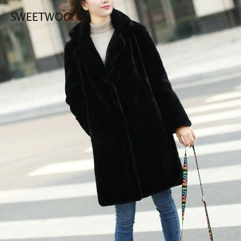 Mantel Bulu Cerpelai Wanita Mantel Bulu Palsu Hangat Musim Dingin Kerah Lipat Perempuan Solid Jaket Kasual Mantel Bulu Imitasi Ramping Korea