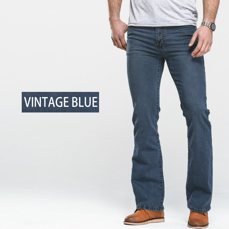 Pantalones vaqueros con corte de bota para hombre, Vaqueros elásticos de diseño clásico, color azul y negro, ligeramente acampanados