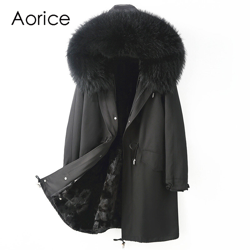 Aorice-abrigo de piel de visón Real para mujer, chaqueta con cuello de mapache, Parka, gabardina, CT167
