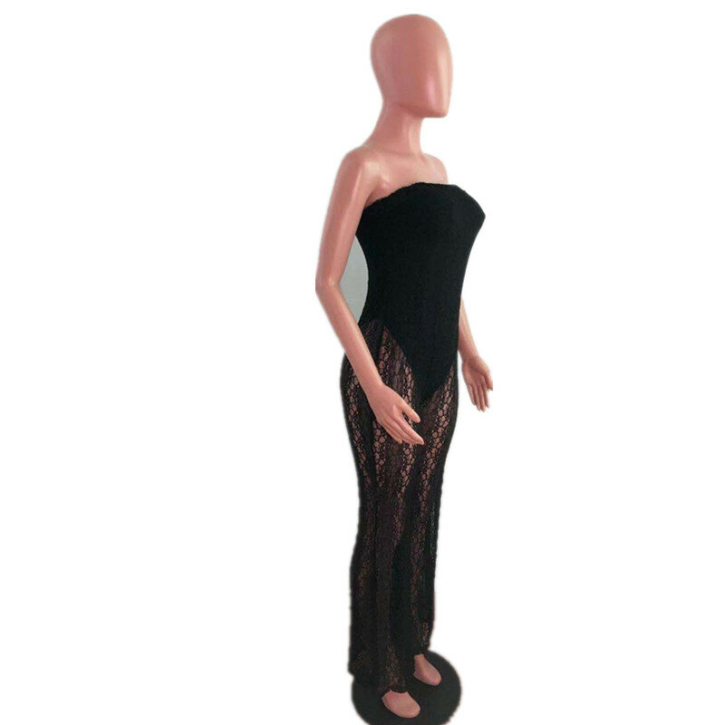 BKLD Sexy Outfits For Woman Party Nightclub Lace See-Through Strapless Bodycon Jumpsuit Summer Clothes Solid Color Black
