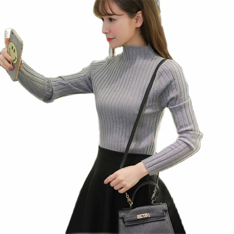 Wanita baru semi-kerah Tinggi Pullover sweter rajutan pendek versi Korea ramping kemeja lengan panjang bawah hitam