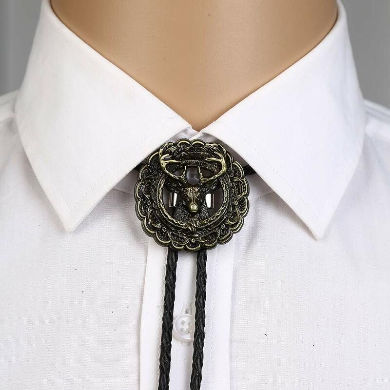 3D медный мужской галстук-Бало с головой оленя, индийский ковбойский Западный кожаный шнурок из коровьей кожи, галстук из цинкового сплава