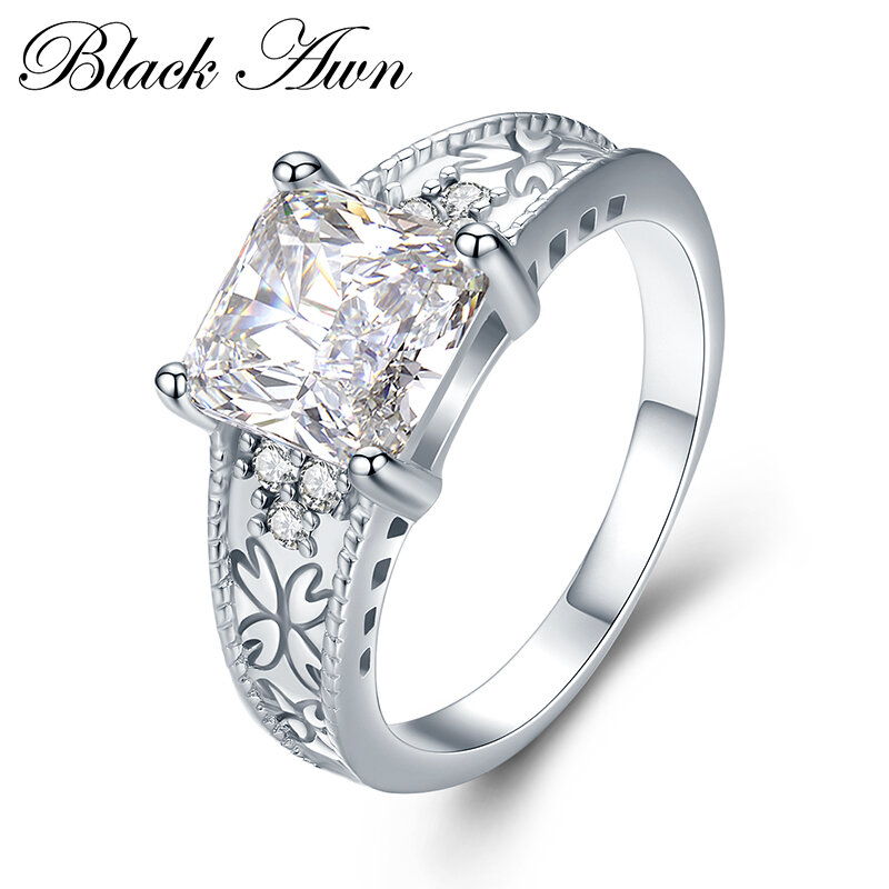 BLACK AWN 2024 New Genuine 100% Sterling 925 Silver Jewelry Square Engagement Rings for Women Gift C475 C476