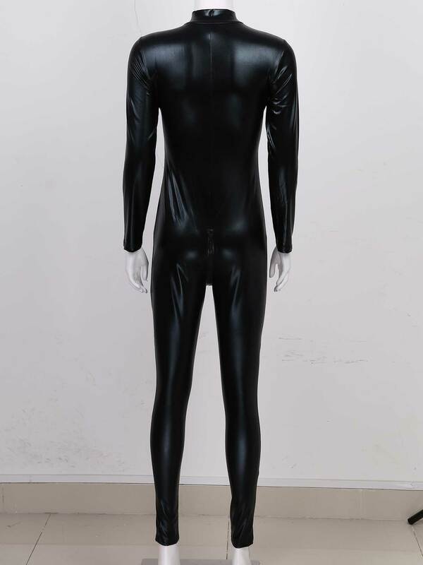 Womens Sexy Metallic Jumpsuit Patent Leather Clubwear Long Sleeve Zipper Bodysuit One-piece Slim Fit Jumpsuits Erotic Costumes