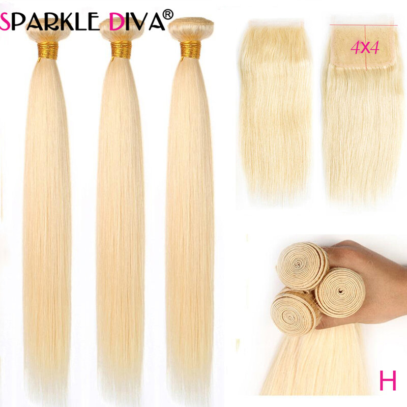 613 Blonde Bundles With 4x4 Closure Brazilian Straight Human Hair Weave Bundles 8-30 inch 613 Bundles With Closure Remy Hair