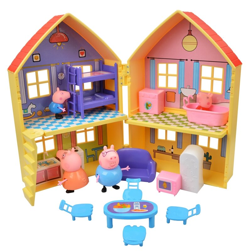 Original peppa pig crianças brinquedo casa boysand meninas brincar casa com uma família de quatro bonecas brinquedo para presente de natal das crianças