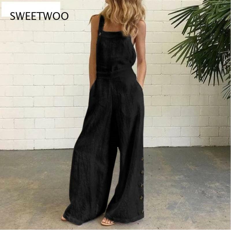 2021 Summer New Style Jumpsuit Women's Solid Color Sleeveless Side Pocket Casual Wide-Leg Side Buckle Jumpsuit