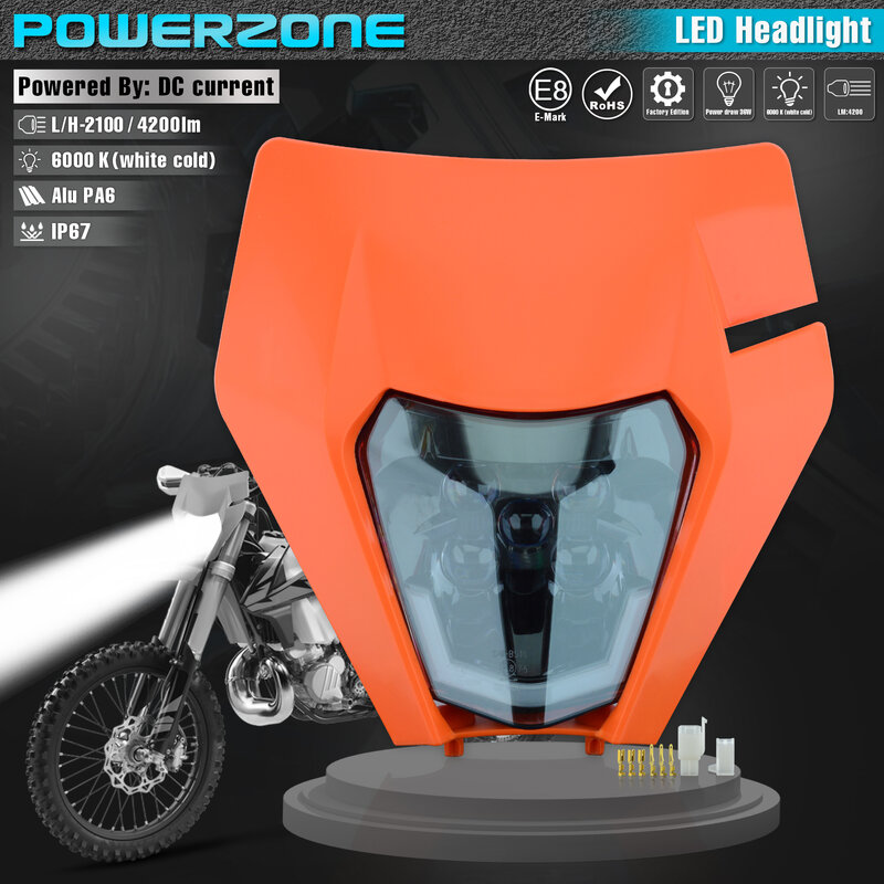 PowerZone-Motocicleta LED farol, farol, luz principal, Supermoto carenagem, KTM, EXC, SXF, MX, Dirt Bike, Enduro