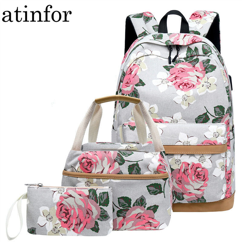 atinfor Brand 3pcs/Set Floral School Backpacks for Teen Girls School Bags Lightweight Canvas Backpack Travel Bookbags Set