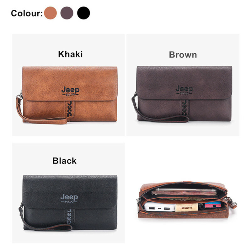 JEEP BULUO Mens Wallet Clutch Bag PU Leather Coin Purse Long Fashion Business Style Men's Handbag Card Bags Soft Key Bag