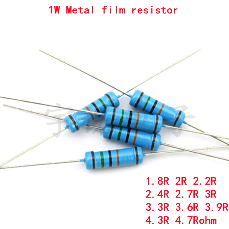 Resistencia de película metálica 20 piezas, 1W, 1%, 1.8R, 2R, 2.2R, 2.4R, 2.7R, 3R, 3.3R, 3.6R, 3.9R, 4.3R, 4.7R, 1,8, 2, 2,2, 2,4, 2,7, 3,3, 3,6, 3,9, 4,3 ohm