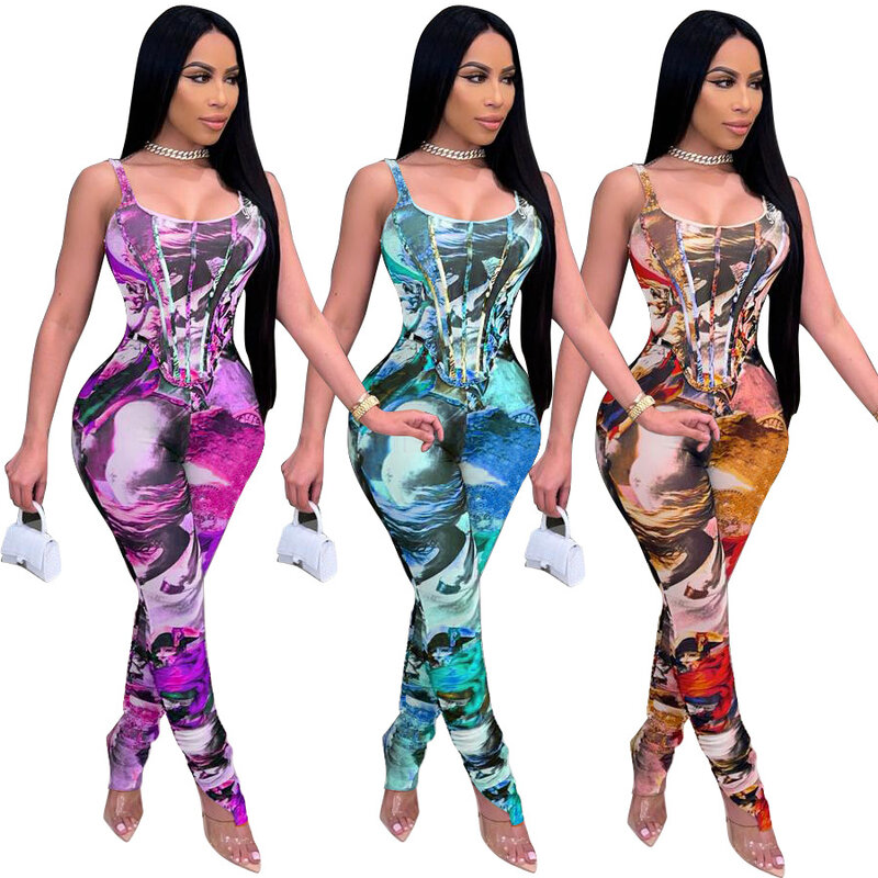 2021 European and American New Women's Sexy Fashion Slim Printed Suspender Waist Long Jumpsuit