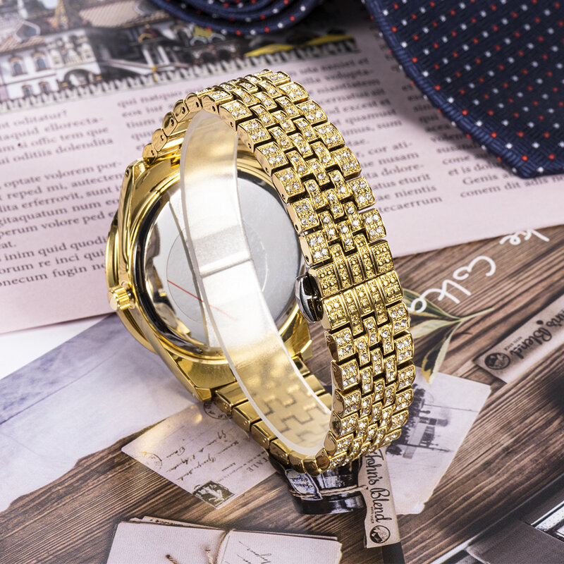 メンズ腕時計,ゴールド,高級,18k,ヒップホップスタイル,すべてのダイヤモンド,クォーツ,耐水性