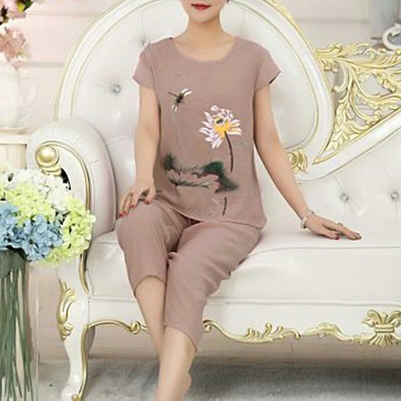 Middle-aged and Elderly Womens Pants Suits Summer Short Sleeve T-shirt Top & Wide-leg Pants Two Piece Set Pajamas Women Homewear
