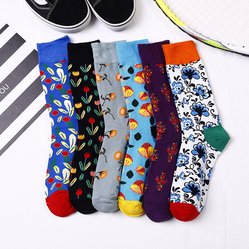 Trendy Blume Weiche Gekämmte Baumwolle Socken Unisex Mode Jacquard Glücklich Cartoon Socken Für Frauen Männer Koreanischen Stil Harajuku Skarpetki