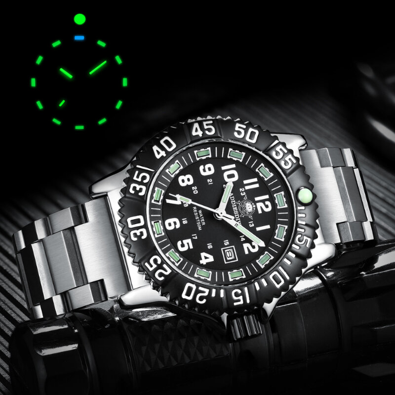 Addies นาฬิกาสปอร์ตสำหรับผู้ชายดำน้ำกลางแจ้งหมุนได้ทิศทางเดียวนาฬิกาอัลลอยหน้าปัดเรืองแสงนาฬิกาควอทซ์2115 Miyota