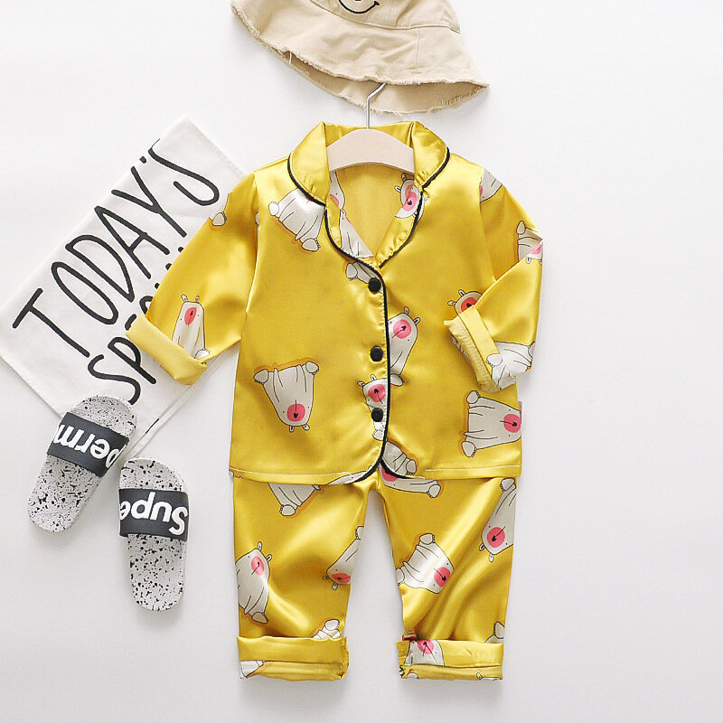 Шелковая детская пижама, Осенняя детская пижама, милый пижамный комплект с изображением медведя, домашняя супер шелковая Детская Пижама