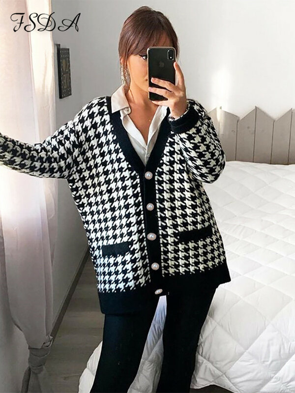 FSDA V Neck Women Button Black Houndstooth Cardigan 2022 Long Sleeve Sweater Autumn Winter Knitted Loose Oversized Jumper Casual