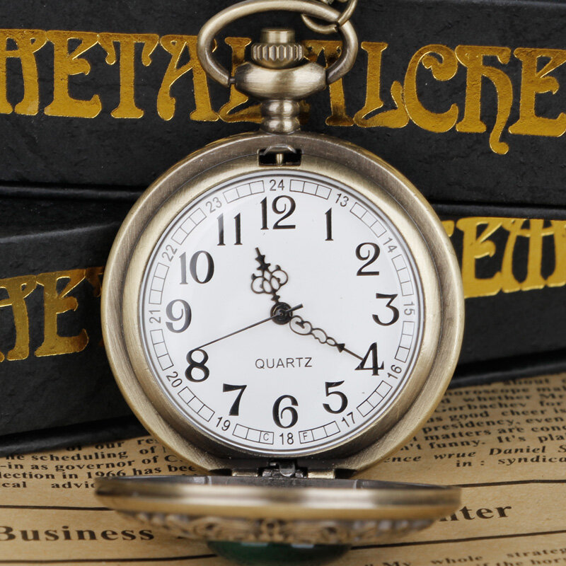 그린 에메랄드 모조 스톤 쿼츠 포켓 시계 목걸이, 여성 시계, 최고의 선물, 기념품