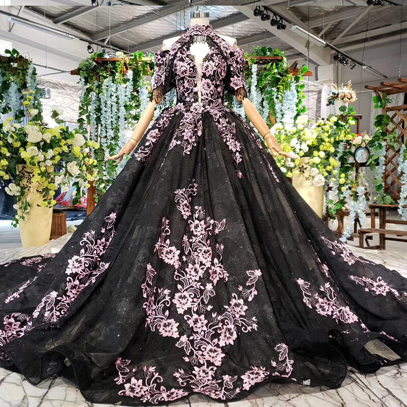 Đen Dài Màu Hồng Vũ Hội Đầm Áo Dây De Soiree Thêu 3D Hoa Vestidos Quinceanera Đầm Bầu Chính Thức Dạ Tiệc Đầm