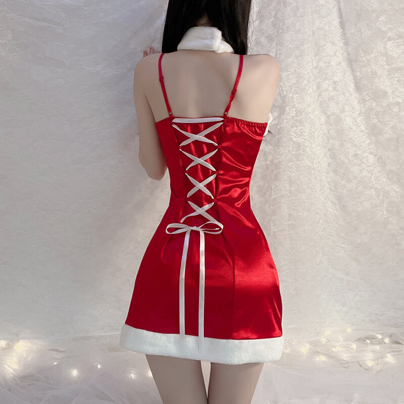 Sexy Lingerie See Clearly Soft Lace Plush Nightdress Christmas and Holiday Dress for Women santa claus costume Temptation Suit