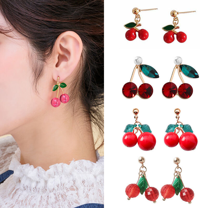Czerwone wiśniowe kolczyki Drop dla kobiet słodkie owoce wiśniowe naszyjnik z koralików kolczyki słodkie prezenty dziewczyna biżuteria Bijoux
