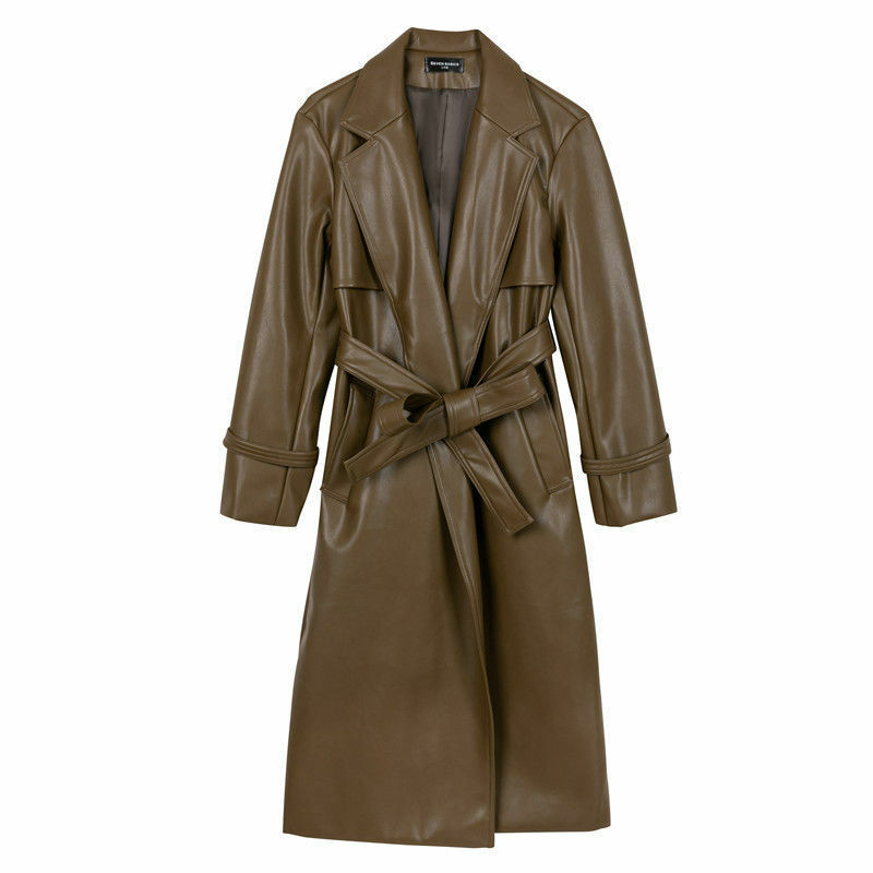Jaqueta longa de couro falso feminina com cinto, moda elegante, outwear casual, casaco grande, solta, moda, outono, inverno