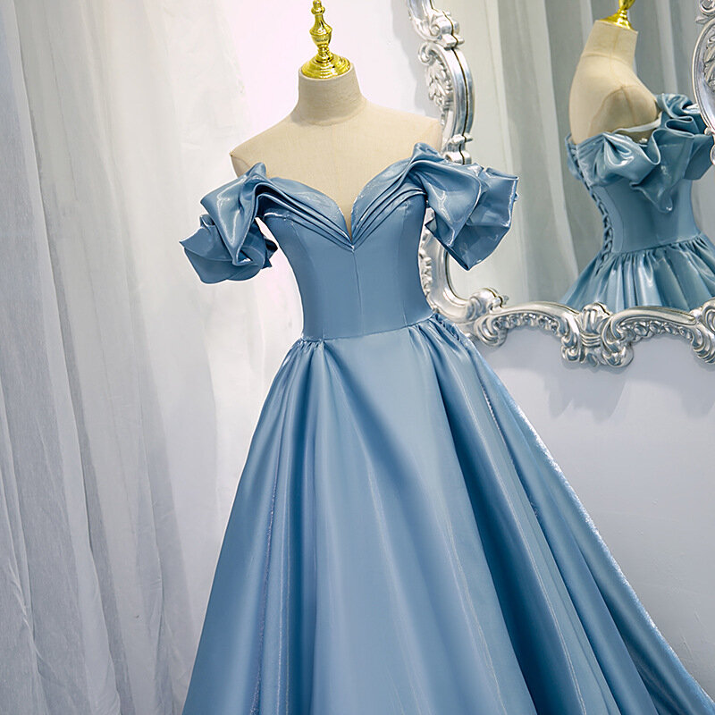 Blue French Style Formal Prom Dresses Strapless Sleeveless Bow Ruched Slim Party Gowns A-Line  Floor-Length Graceful Dresses