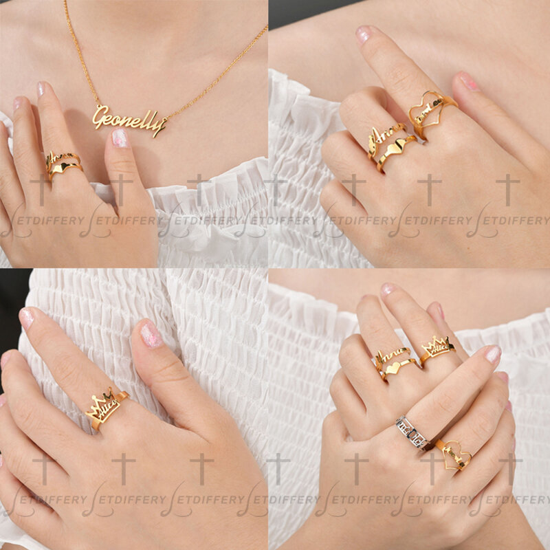 Anéis personalizados com nome e coroa de aço inoxidável, anel personalizado para casal e mulheres, joias faça você mesmo, presentes de natal