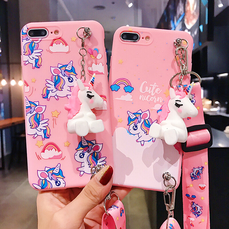 Cartoon 3D Unicorn Toy With Lanyard Phone Case For iphone 11 Pro Max Case XS MAX XR XS X 6 6S 7 8 Plus Stand Lanyard Back Cover