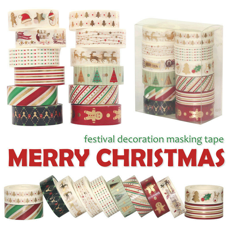 60 Meter Christmas Washi Tapes Set 12Pcs/Lot  Decorative Red Green Stars Gold and Silver Foil  Masking Tape Cute Stationery