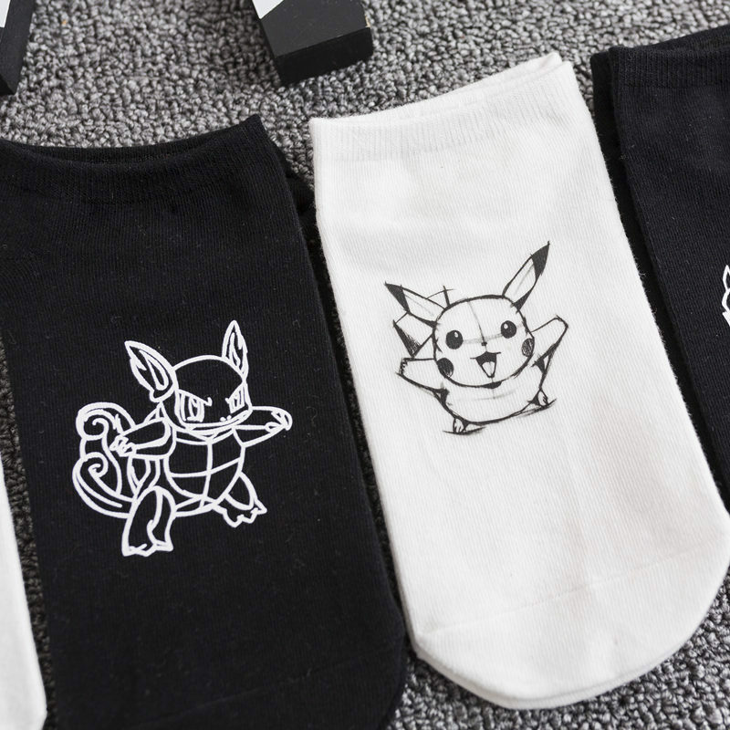 Męskie skarpetki z nadrukiem sokc Pikachu 3D unisex para lato niewidzialne skarpetki fashion street Harajuku czarno-białe krótkie skarpetki