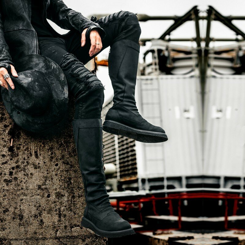 Botas altas de piel auténtica para hombre, botines de alta calidad con plataforma y punta redonda, cálidos, para invierno