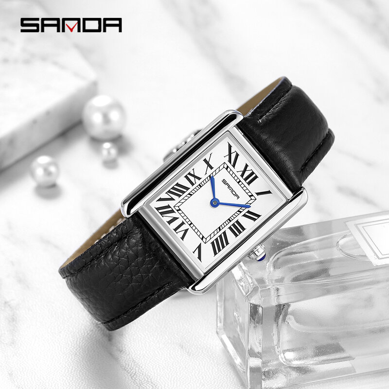 Sanda-Montres-bracelets rectangulaires pour femmes, boîtier en argent, montres pour dames, marque de luxe, bracelet en cuir, horloge à quartz, 1108